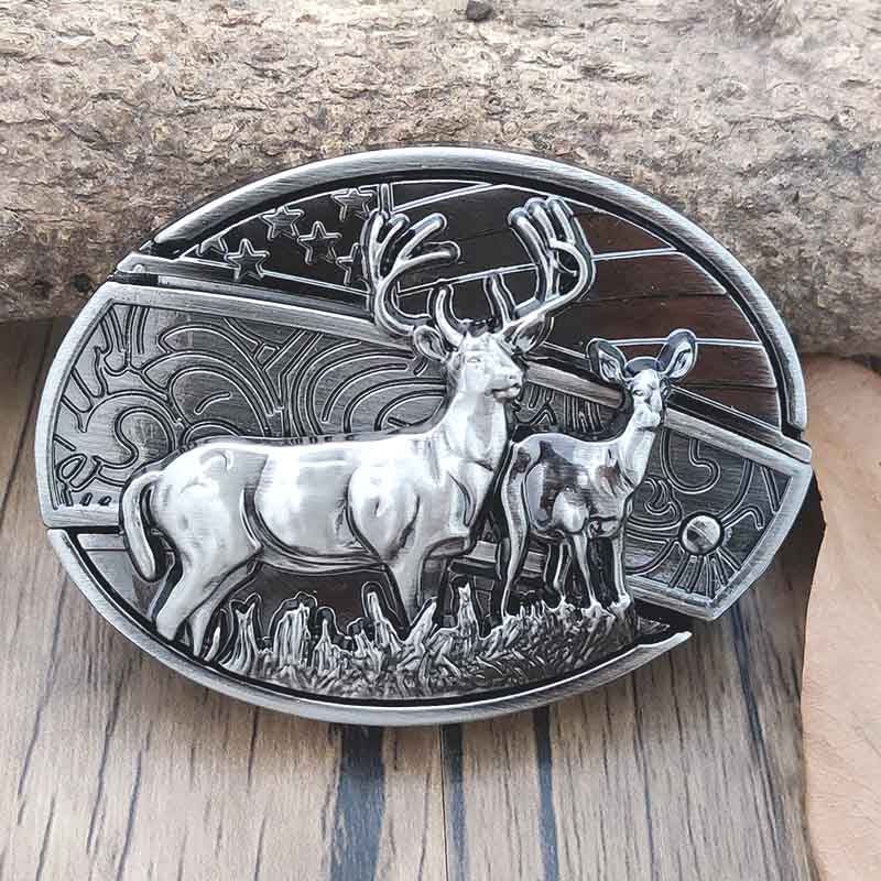 Elegante Hirsch-Motiv Gürtelschnalle aus Metall; oval, für Herren, mit nützlichem EDC-Werkzeug.