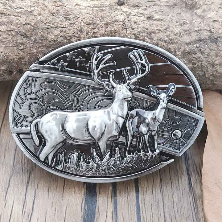 Elegante Hirsch-Motiv Gürtelschnalle aus Metall; oval, für Herren, mit nützlichem EDC-Werkzeug.