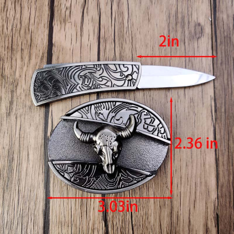 Ovaler Bullenkopf Metall Gürtelschnalle für Herren mit integriertem EDC-Werkzeug.