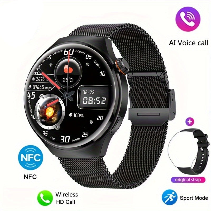Nahaufnahme der Herren NFC Smartwatch Orion mit aktiviertem, rundem Display, zeigt Zifferblatt und NFC-Symbol.