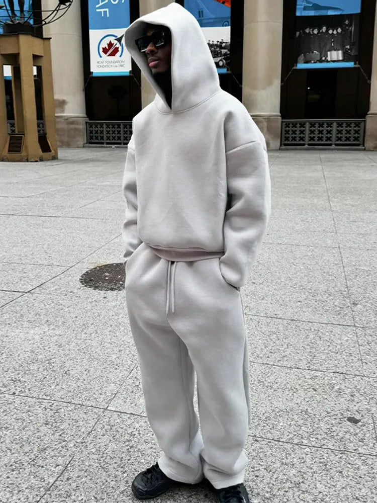 Herren Oversized Trainingsanzug Set, Hoodie & Jogginghose in Grau, ideal für Komfort und Freizeit.