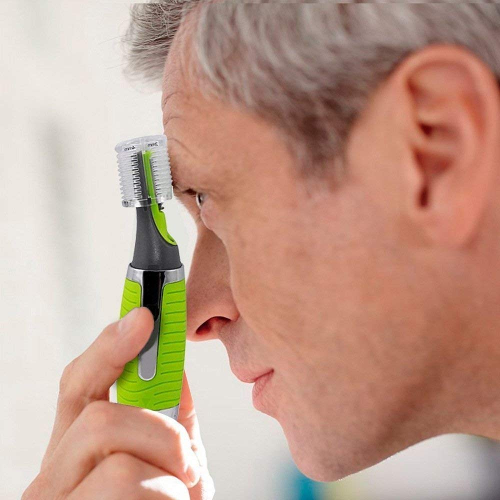Robuster grüner Trimmer für präzise Haarentfernung an Nase, Ohren & Augenbrauen. Essentiell für Herrenpflege.