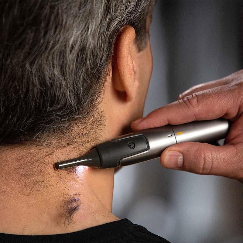 Detailaufnahme: Präzisionstrimmer für exakte Bartkonturen. Bartpflege für einen sauberen Look.