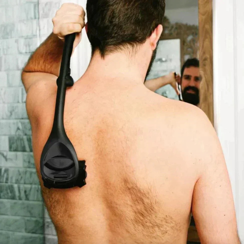 Edelstahl Rückenrasierer für Herren, mit langem Griff, ideal für Nass- und Trockenrasur am Rücken.