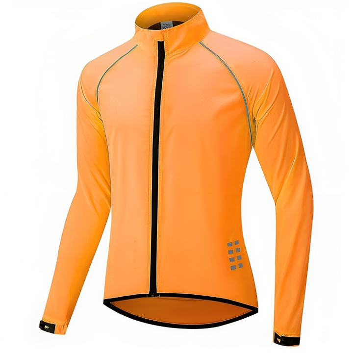 Nahaufnahme des reflektierenden Materials der ReflectoRide Herren-Fahrradjacke, atmungsaktiv.