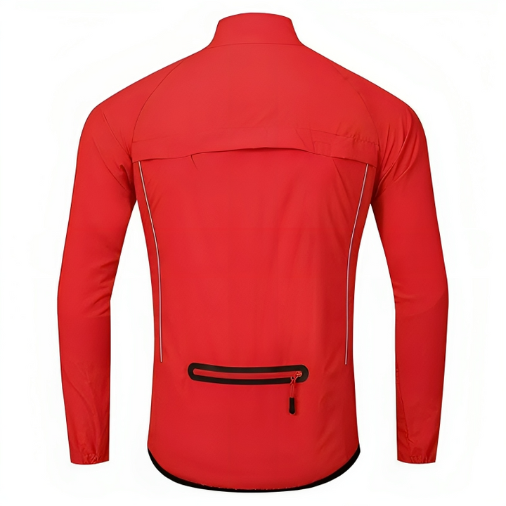 Seitenansicht der ReflectoRide Herren-Fahrradjacke beim Radfahren, zeigt reflektierende Streifen.