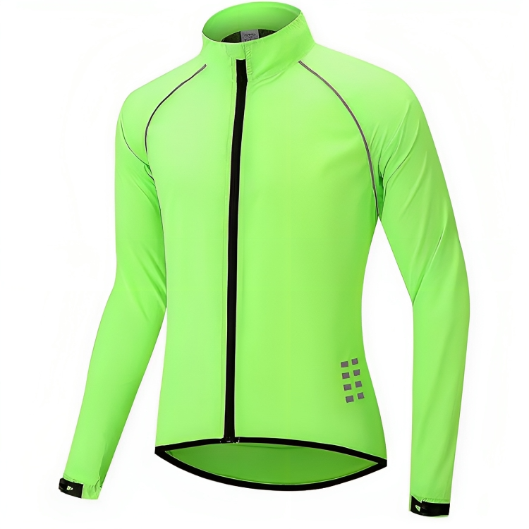 Rückansicht der reflektierenden ReflectoRide Herren-Fahrradjacke mit Logo und Reflektoren.
