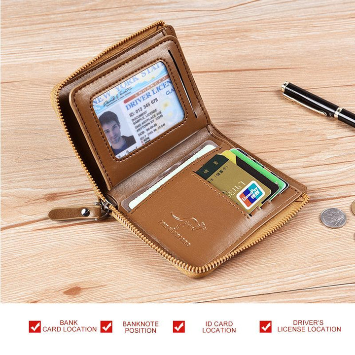 Stilvolle Herren RFID Geldbörse im Vintage-Look. Robuster Reißverschluss, edles Kunstleder, perfektes Geschenk.