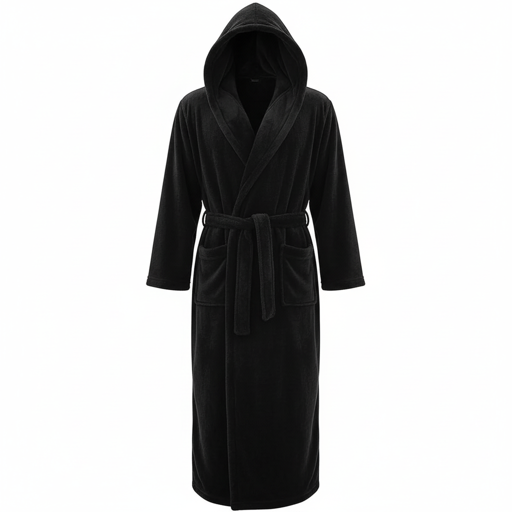 Eleganter, langer Herren Bademantel mit Kapuze, für stilvollen Komfort und Gemütlichkeit im Zuhause.