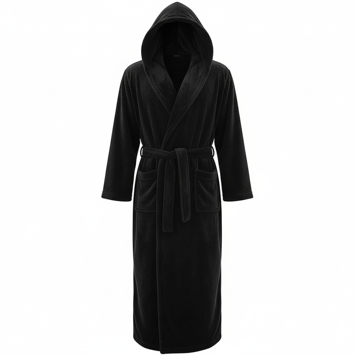 Eleganter, langer Herren Bademantel mit Kapuze, für stilvollen Komfort und Gemütlichkeit im Zuhause.