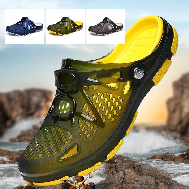 Detailaufnahme: Die atmungsaktive Textur der Herren Strandsandalen, rutschfest und ideal für Sommer-Freizeit.