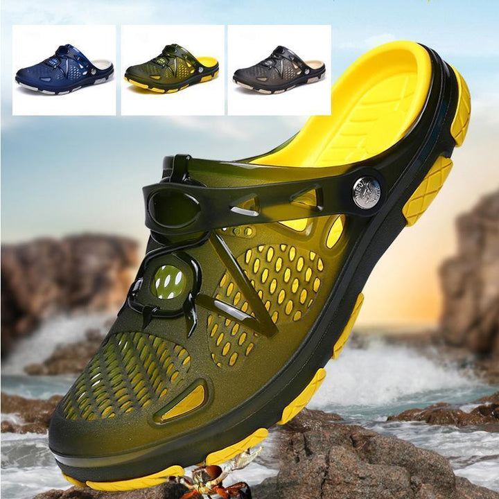 Detailaufnahme: Die atmungsaktive Textur der Herren Strandsandalen, rutschfest und ideal für Sommer-Freizeit.