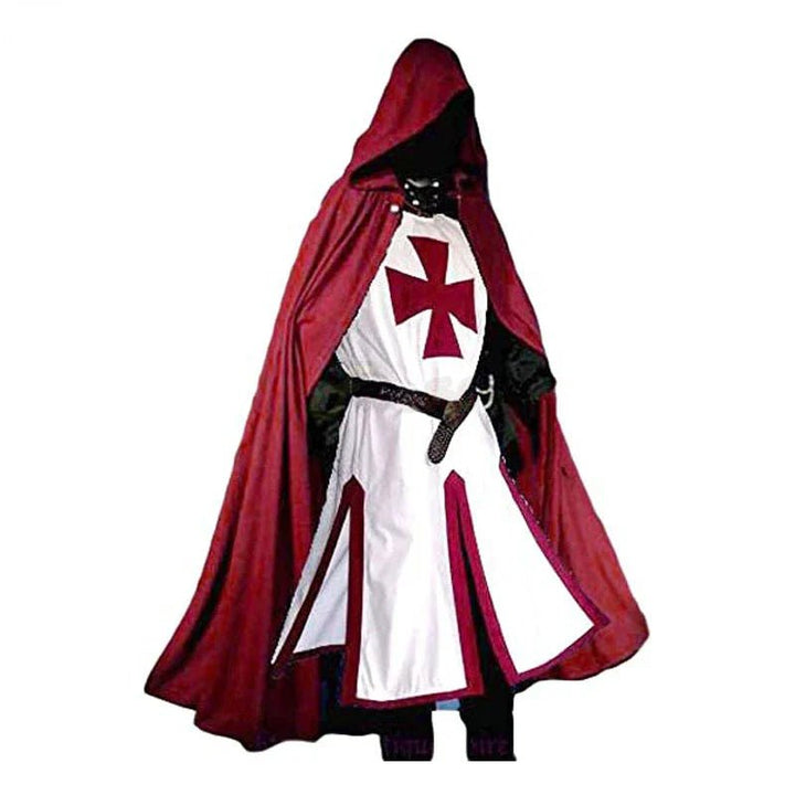 Detailliertes Herrenkostüm: Tempelritter-Rüstung (Textil), weiße Tunika, rotes Kreuz, Umhang. Perfekt für Cosplay.