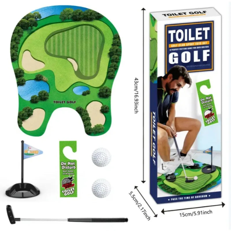 Komplettes Toiletten-Golf Set mit Grün, Putter und Bällen. Witziges WC-Spiel für kurze Auszeiten im Badezimmer.