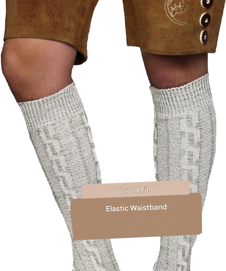 Bequeme Trachtenstrümpfe für Herren, traditionell & kniehoch. 2er-Doppelpack mit Zopfmuster, ideal fürs Oktoberfest.