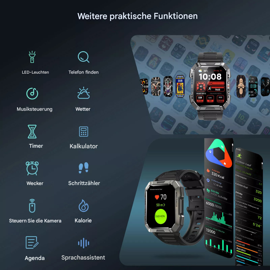 Wasserdichte TrailMate Smartwatch für Herren, zuverlässiger Begleiter bei Regen & extremen Bedingungen draußen.