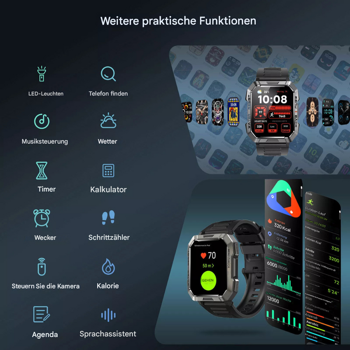 Wasserdichte TrailMate Smartwatch für Herren, zuverlässiger Begleiter bei Regen & extremen Bedingungen draußen.