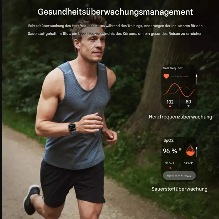 Nahaufnahme der Herren TrailMate Smartwatch; zeigt helles Display & hochwertige Materialien der Abenteueruhr.