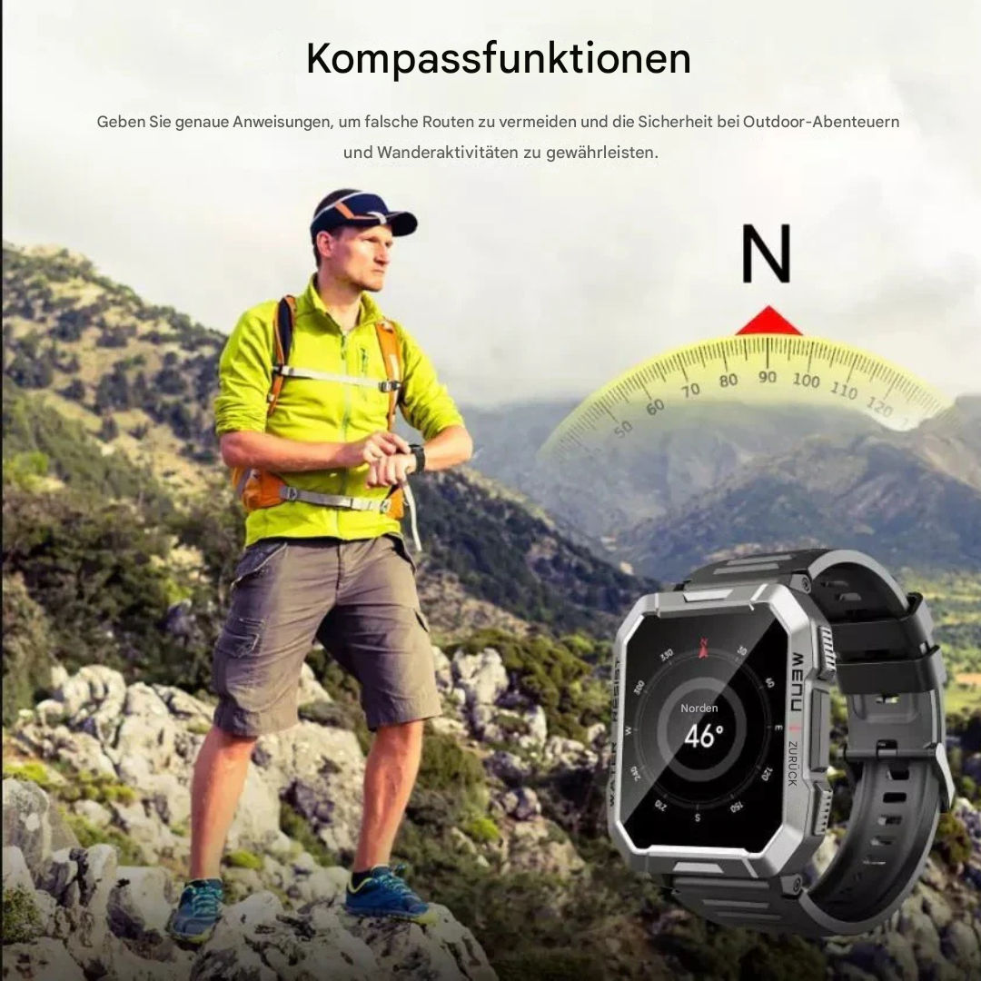 Schwarze Herren TrailMate Smartwatch, robust & sportlich, perfekt für aktive Männer im Outdoor-Einsatz.