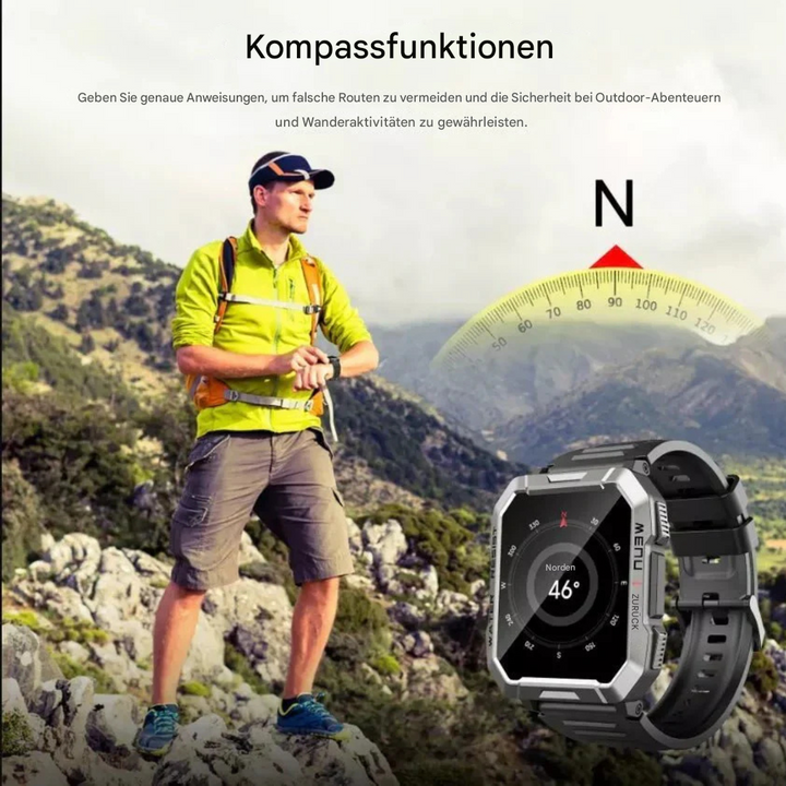 Schwarze Herren TrailMate Smartwatch, robust & sportlich, perfekt für aktive Männer im Outdoor-Einsatz.