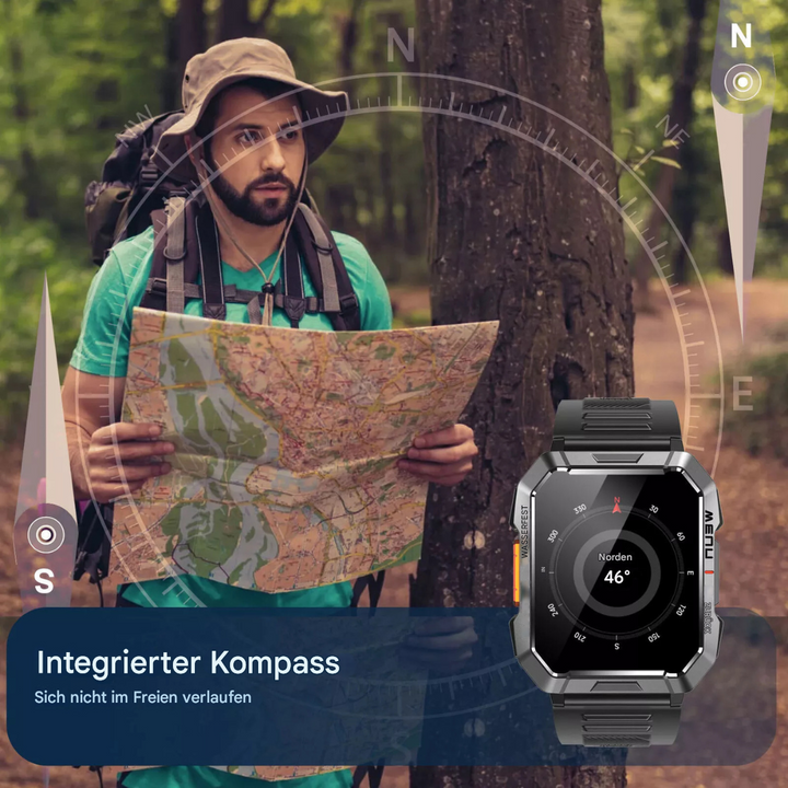 Fitness Smartwatch TrailMate für Herren, erfasst Schritte, Kalorien & Herzfrequenz präzise bei jedem Training.