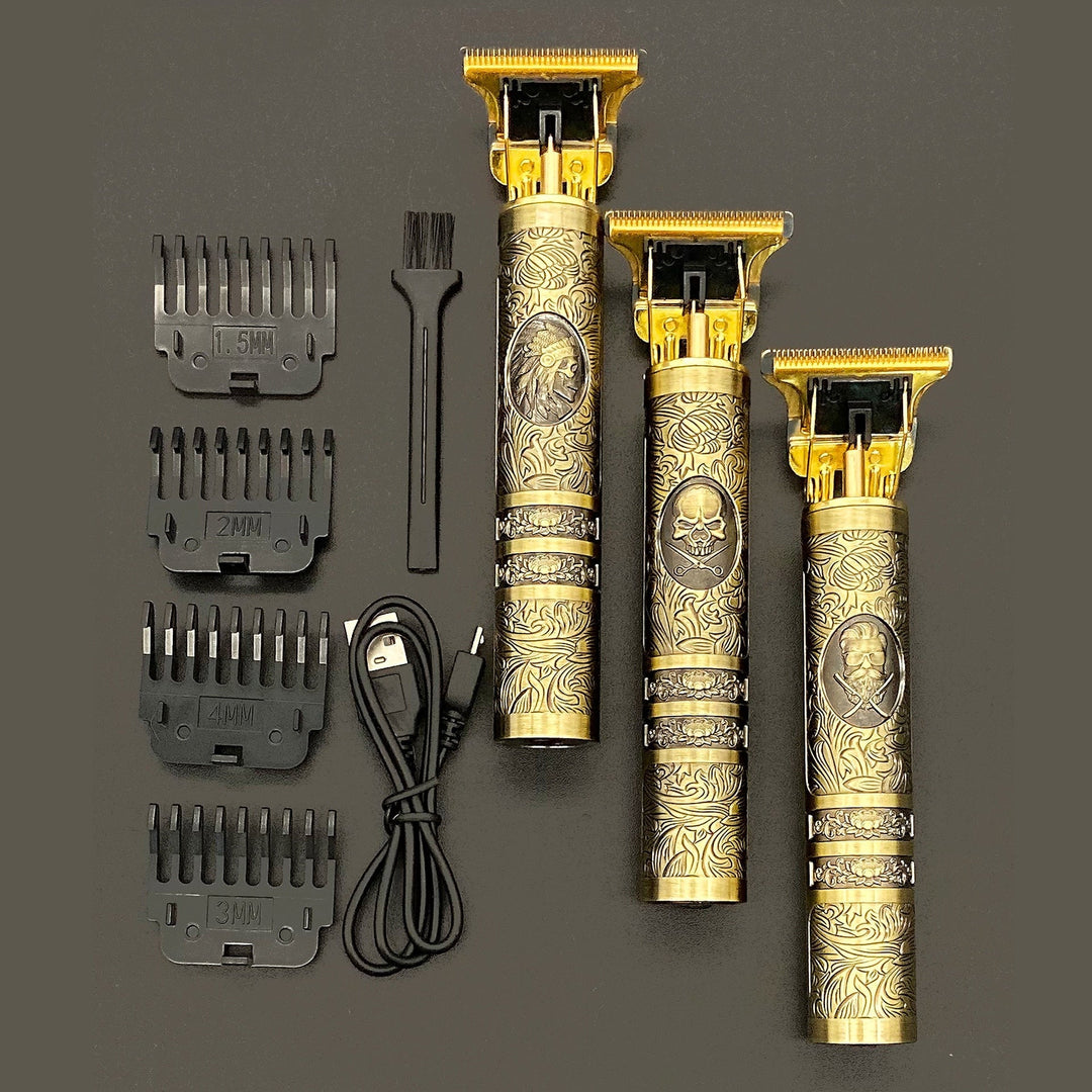 Herren Vintage Haarschneider mit Totenkopf-Design. Präzisions-Trimmer für Bart & Haare, kabellos.