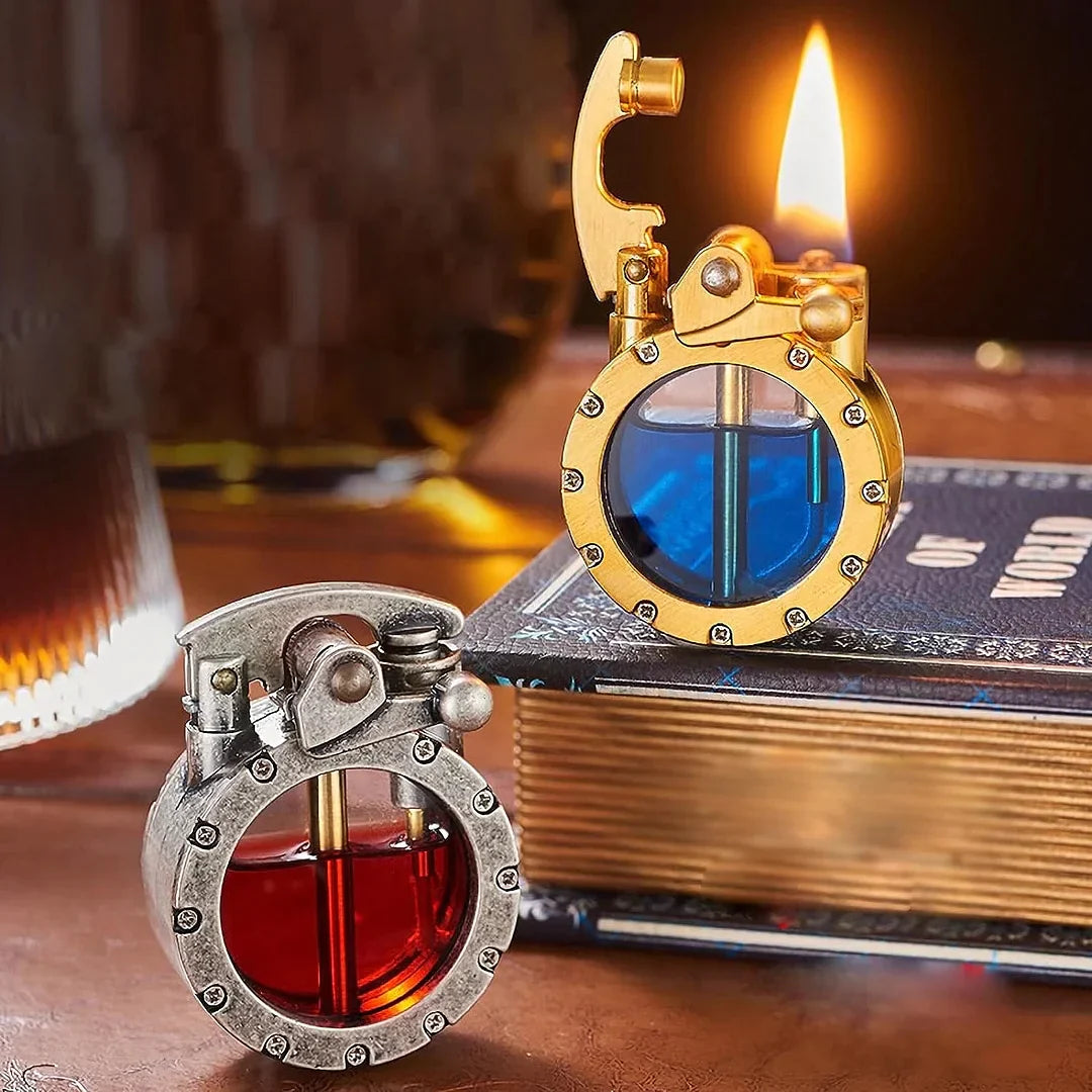 Hochwertiges nachfüllbares Kerosinfeuerzeug im Vintage-Stil, Metall-Gehäuse, langlebiges Accessoire.