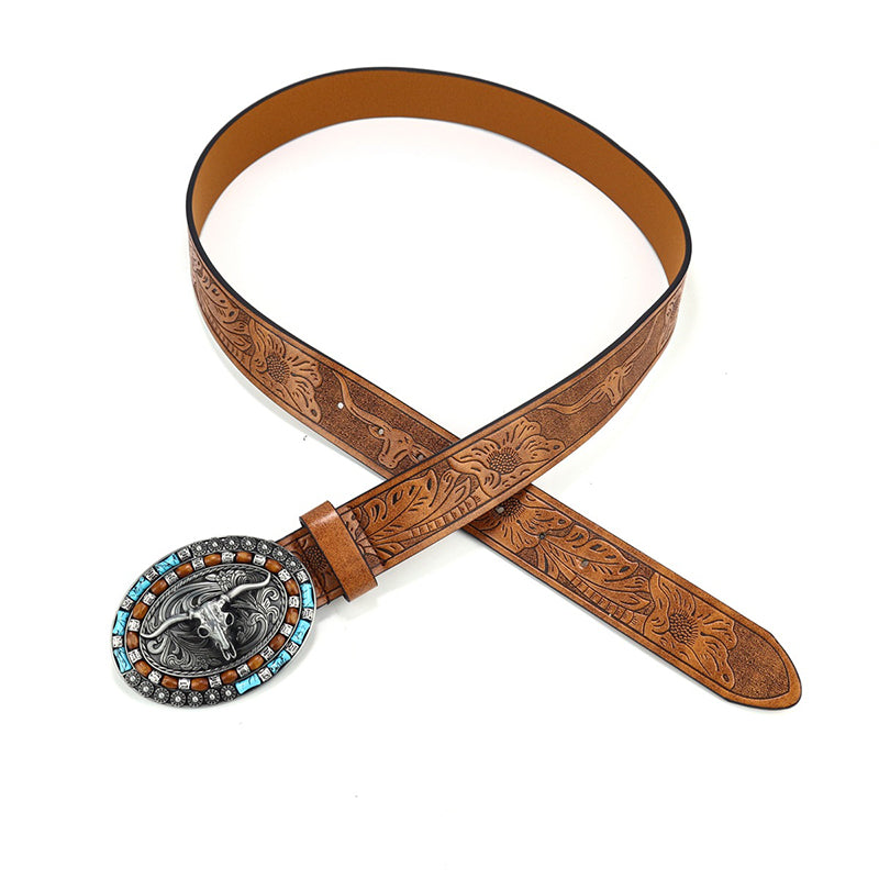 Stilvoller Retro Gürtel für Herren, mit Western-Schnalle und eingeprägten Tiermotiven, ein modisches Accessoire.