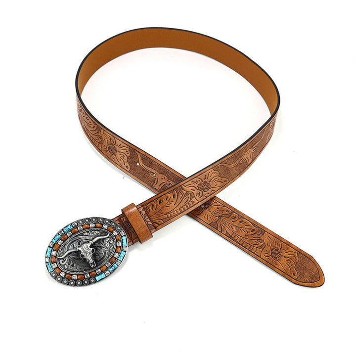 Stilvoller Retro Gürtel für Herren, mit Western-Schnalle und eingeprägten Tiermotiven, ein modisches Accessoire.