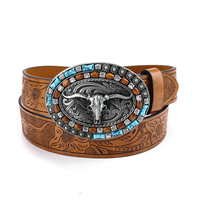Brauner Herren Western Gürtel aus PU-Leder mit feinen Tiermotiven, ideal für den Freizeit-Look.