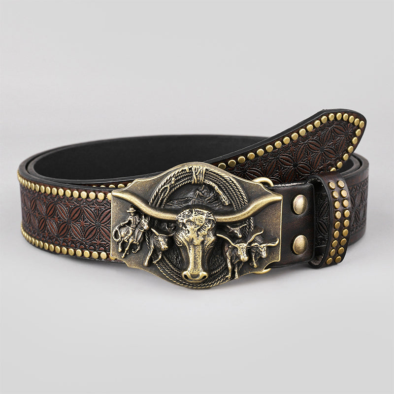 Authentischer Vintage Cowboy Gürtel für Männer, verziert mit Tiermustern, in hochwertiger Lederoptik.