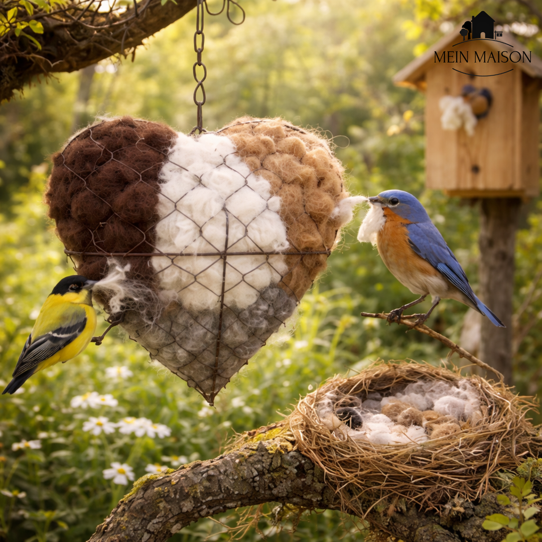 Herzförmiger Vogelnistmaterialhalter aus Metall, ideal für den Garten und als tierfreundliche Gartendekoration.