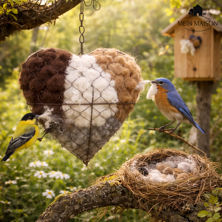 Herzförmiger Vogelnistmaterialhalter aus Metall, ideal für den Garten und als tierfreundliche Gartendekoration.