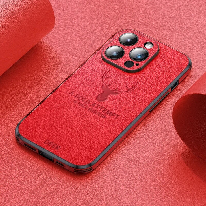 Veltro Luxe Hertenleder iPhone Hülle, stoßfest, mit erhöhtem Kameraschutz.