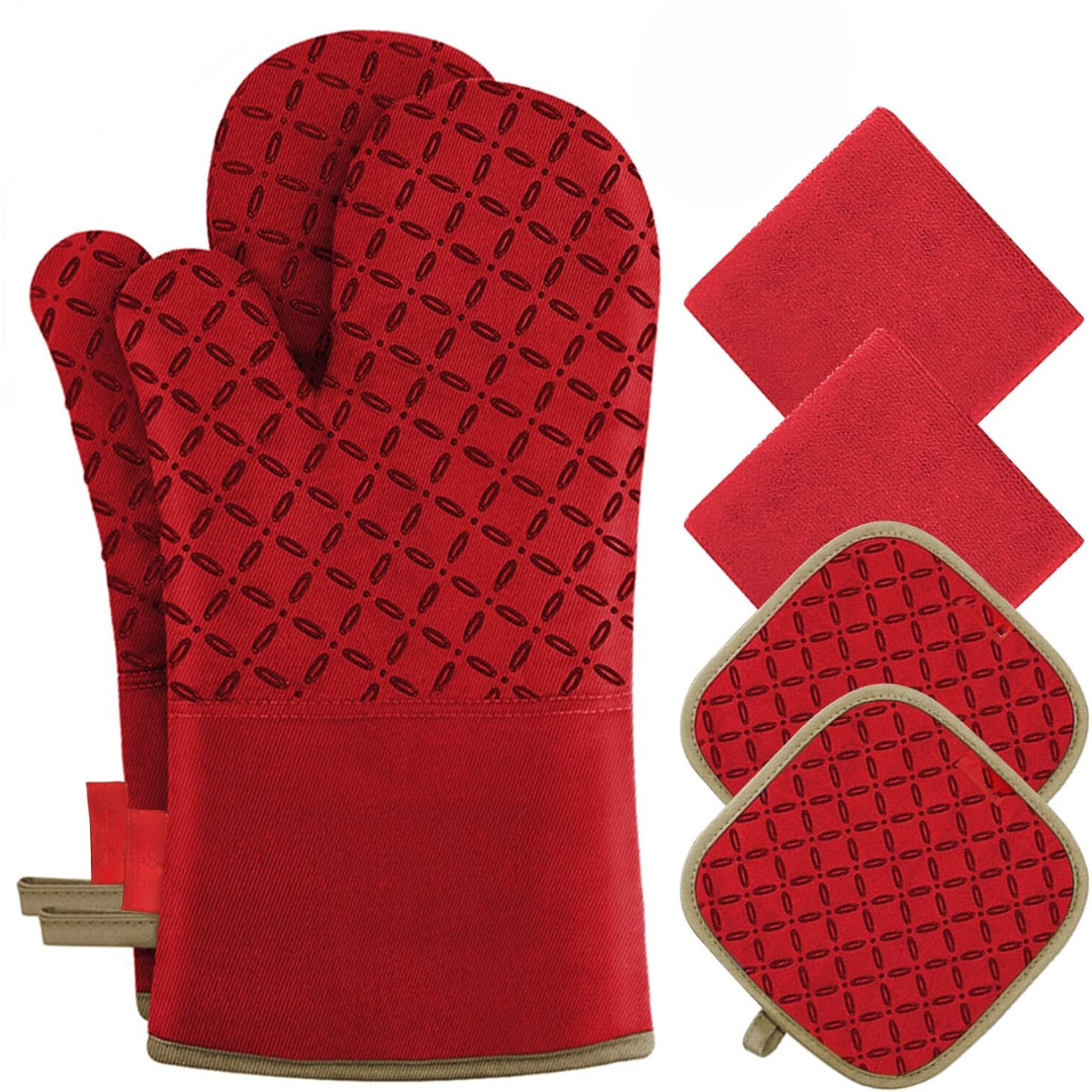 6-teiliges Küchenset mit hitzebeständigen Ofenhandschuhen & Topflappen für Backofen & Grill.