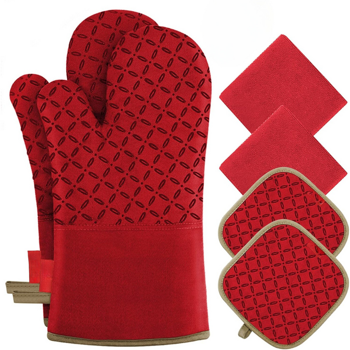 6-teiliges Küchenset mit hitzebeständigen Ofenhandschuhen & Topflappen für Backofen & Grill.