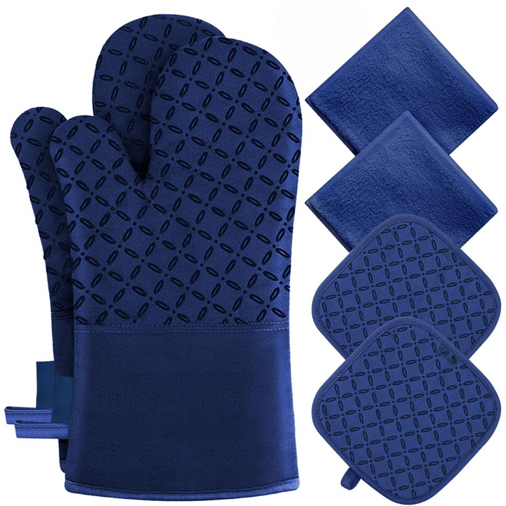 Rutschfeste, hitzebeständige Ofenhandschuhe & Topflappen im 6-teiligen Küchenzubehör-Set.