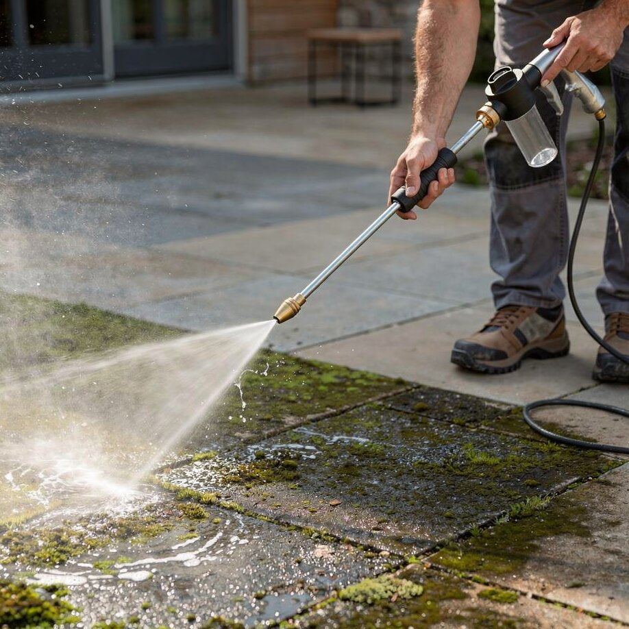 Hochdruckreiniger Aufsatz für Gartenschlauch mit verstellbarem Sprühstrahl zur effektiven Reinigung von Garten & Terrasse.