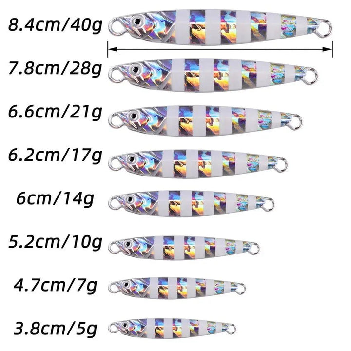 Detailaufnahme eines glänzenden Metall Jig Kunstköders, perfekt für Salzwasser und Küstenangeln.
