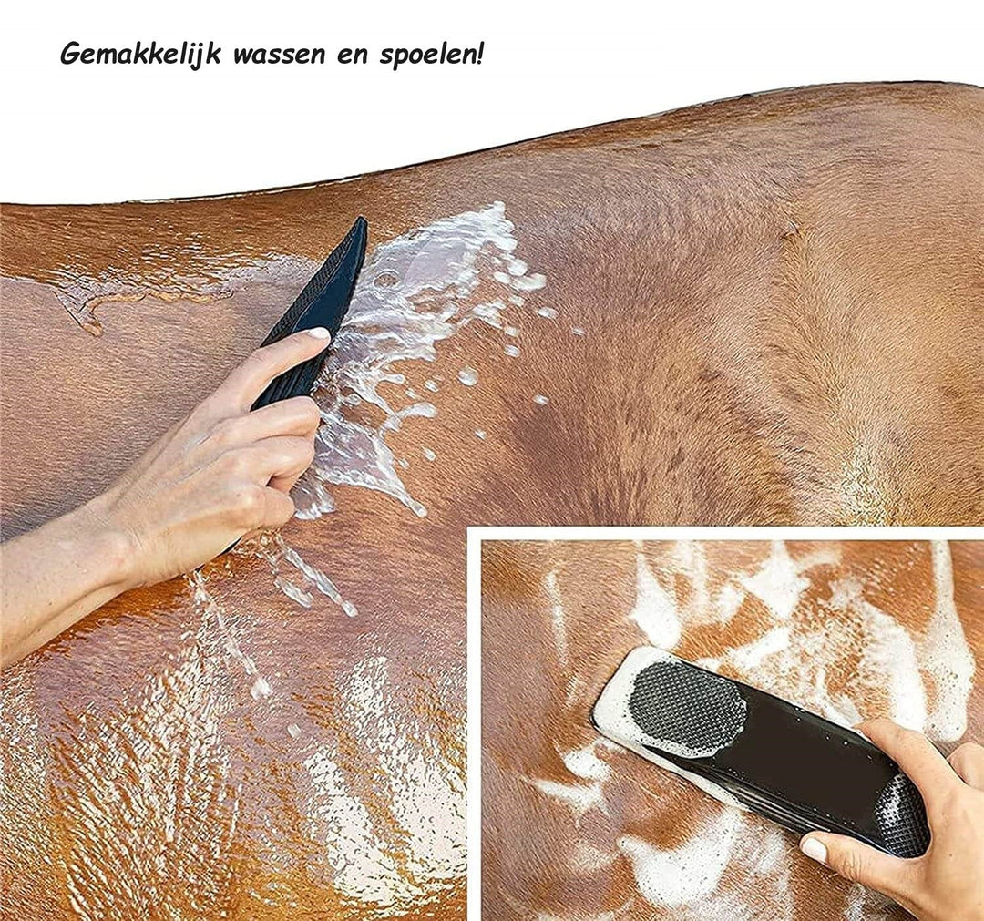 Innovative 6-in-1 Pferdebürste für umfassende Fellpflege, von Reinigung bis zur wohltuenden Massage des Pferdes.