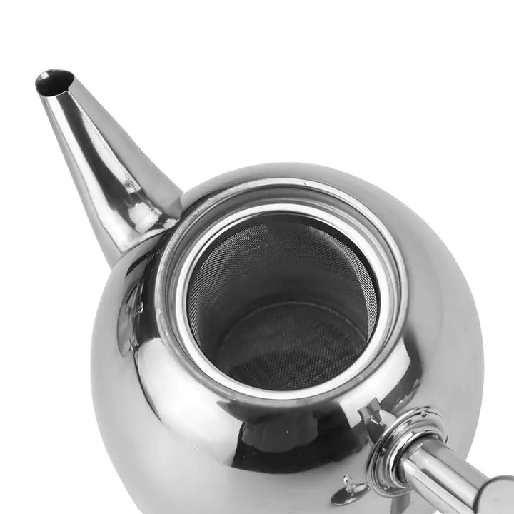Elegante Teekanne aus Edelstahl mit feinem Sieb, perfekt für die tägliche Teezubereitung und als Küchenaccessoire.