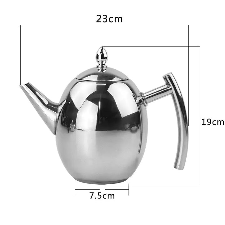 Moderne Edelstahl-Teekanne mit Teesieb, eine praktische Geschenkidee und stilvolles Haushalt-Küchenaccessoire.