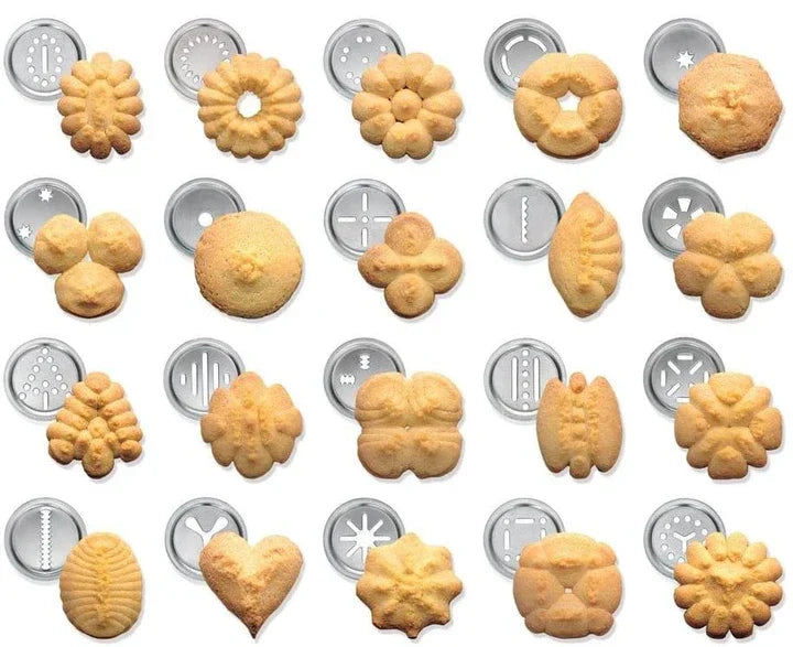 Vielseitige Kekspresse formt präzise Plätzchen und Gebäck in verschiedenen Formen; essenzielles Backzubehör für Zuhause.