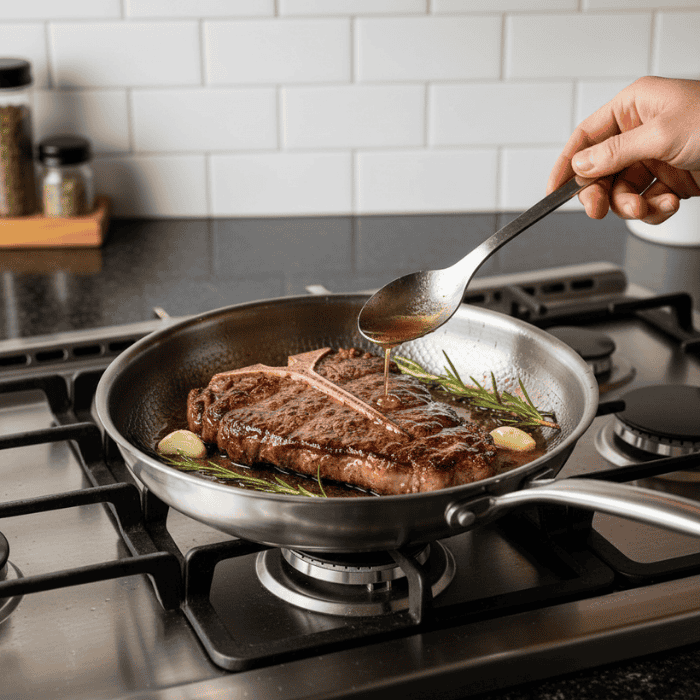 Hochwertige Titan-Premium Bratpfanne, unbeschichtet, für alle Herdarten, langlebiges Kochgeschirr für gesundes Braten.