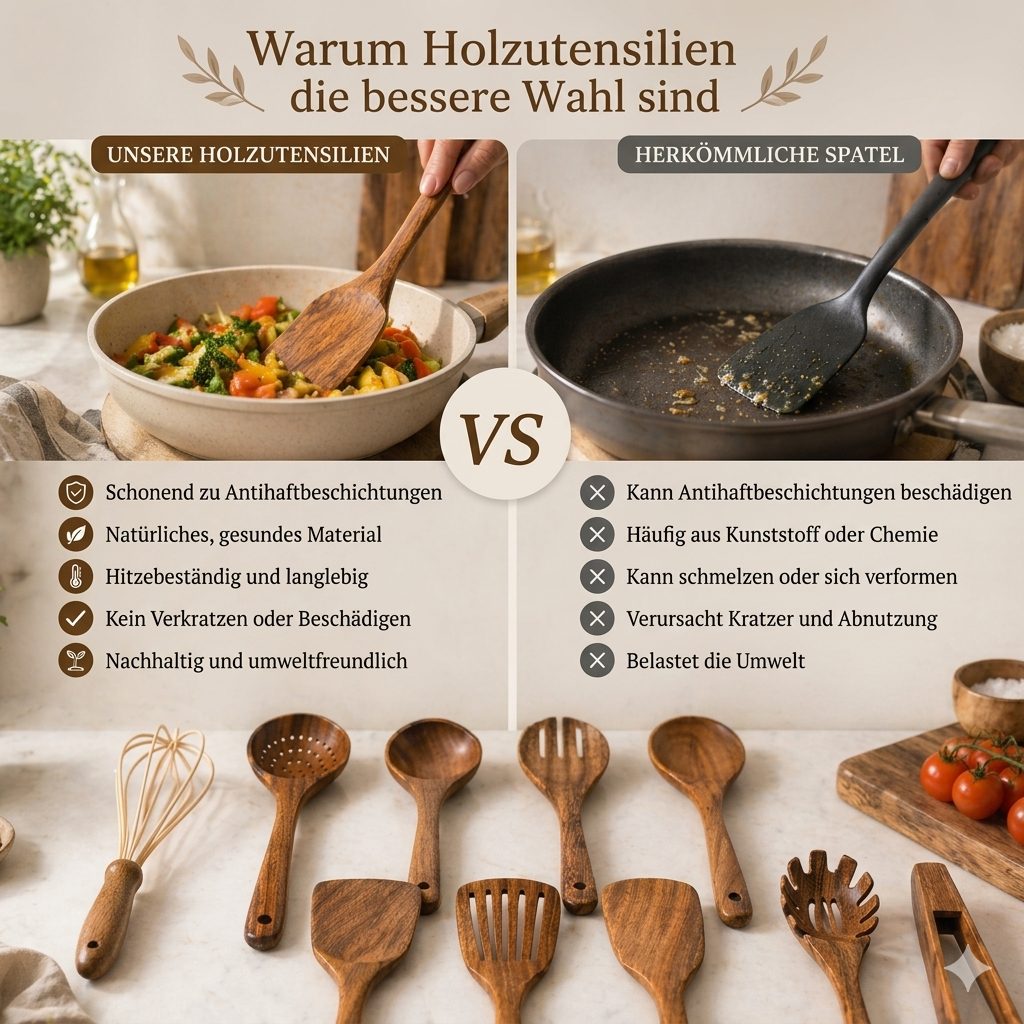 Stylisches Teakholz-Küchenutensilien Set in einem modernen Küchenambiente, bereit zum nachhaltigen Kochen.