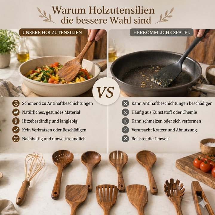 Stylisches Teakholz-Küchenutensilien Set in einem modernen Küchenambiente, bereit zum nachhaltigen Kochen.