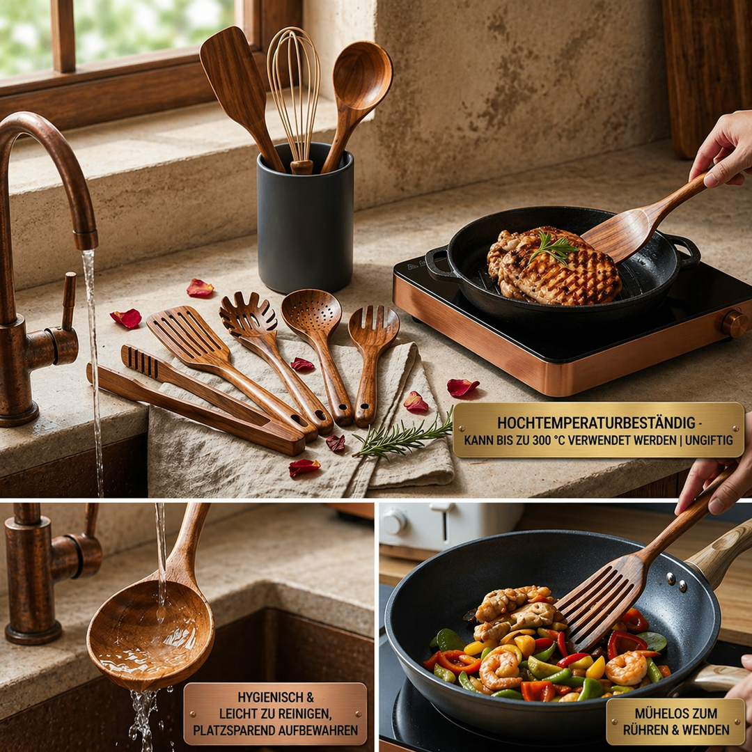 Das vollständige Teakholz-Küchenutensilien Set, ideal für schonendes und kratzfreies Kochen mit Antihaftpfannen.