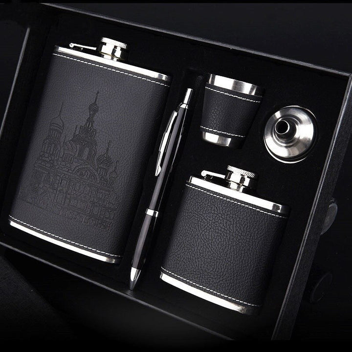 Hochwertiges Herren Flachmann Set aus Edelstahl 304 mit Bechern, Trichter und luxuriöser Geschenkbox.