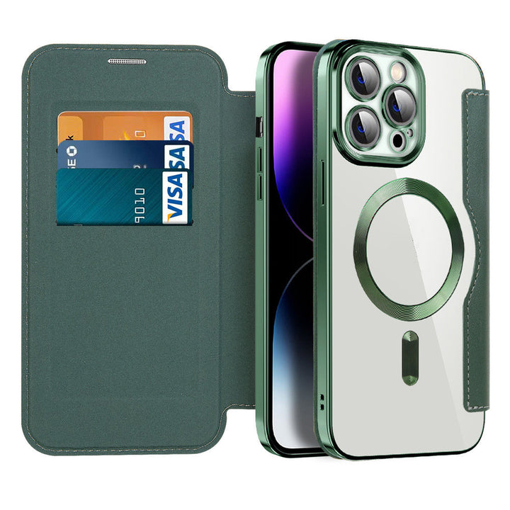 Sichere Ledertasche für iPhone: RFID-Blocker schützt Karten, Magnetverschluss hält sicher. 1+1 gratis!