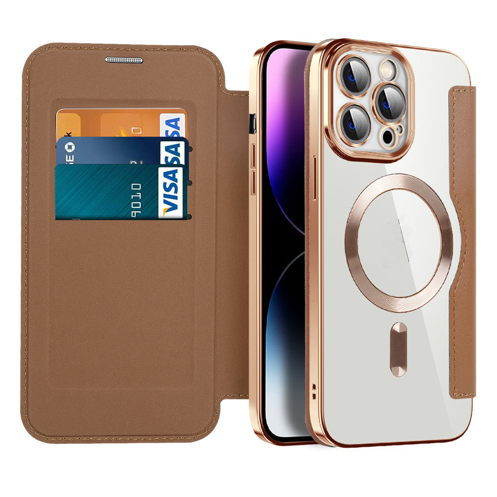 Komplettlösung: Leder Flip Case für iPhone mit RFID, Magnetverschluss, Stoßschutz & Ständer. 1+1 gratis!